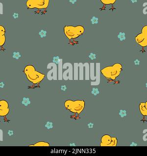 Seamless pattern with cute little chickens. Easter print with yellow chicks Stock Vector