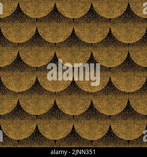 Seamless abstract wavy pattern with geometrical fish scale. Golden circles on dark black background. Wallpaper, textile, fabric design Stock Vector