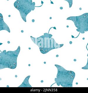 Seamless cute watercolor stingray pattern. Vector fish background with manta rays Stock Vector