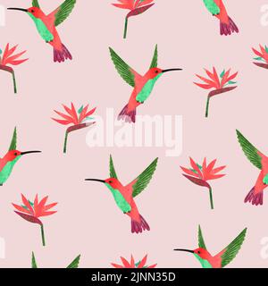 Seamless hummingbirds and Strelitzia flowers pattern. Vector summer tropical background. Stock Vector