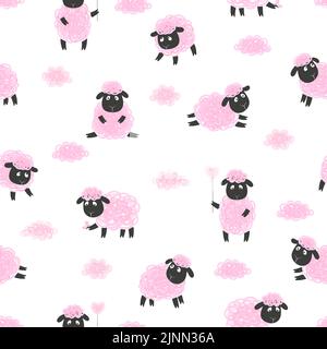 Cute sheep and clouds seamless pattern. Vector background for kids. Stock Vector
