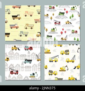 Seamless transport pattern with colorful trucks. Vector car set for kids. Stock Vector