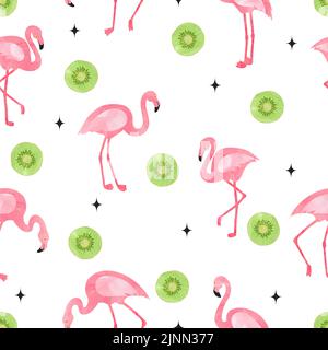 Flamingo bird pattern. Vector seamless watercolor tropical background with flamingos and kiwi fruit. Stock Vector