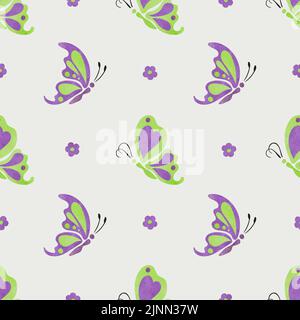 Flying butterflies pattern. Vector seamless purple and green illustration. Stock Vector