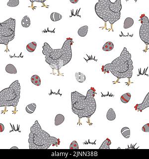 Seamless chicken pattern with hens and colored eggs. Ester vector illustration. Stock Vector