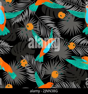 Seamless watercolor Hummingbirds and exotic tropical palm leaves pattern. Vector tropic illustration. Stock Vector