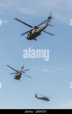 Company B, 1st Battalion, 128th Infantry Regiment, 32nd Infantry Brigade Combat Team and the 1st Battalion, 147th Aviation Regiment and other units from across the Wisconsin National Guard to conduct an air assault mission during annual training June 10 at Fort McCoy, Wis. Stock Photo