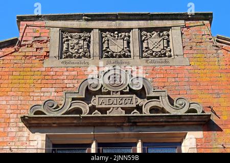 Nantwich Market entrance - Cholmondley, Mabedeng, Tollemache, stonework from AD 1867, Market Street, Cheshire, England, UK, CW5 5DG Stock Photo