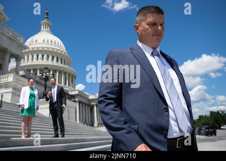 Washington DC, USA. 12th Aug, 2022. Representative Brad Finstad (R-MN) walks outside the U.S. Capitol, in Washington, DC, on Friday, August 12, 2022. Today the House of Representatives returned from August recess to vote on the Inflation Reduction Act, a $739 billion tax-and-energy bill filled with Democrat priorities that the Senate passed last week with no Republican support. (Graeme Sloan/Sipa USA) Credit: Sipa USA/Alamy Live News Stock Photo