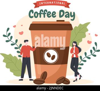 International Coffee Day on October 1st Flat Cartoon Illustration Hand Drawn with Cocoa Beans and People Drinking a Cup in Cafe Stock Vector