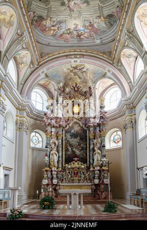 Church, St. Nicholas Parish Church, interior view, altar area, Tannheim, Tannheim Valley, Tyrol, Austria Stock Photo