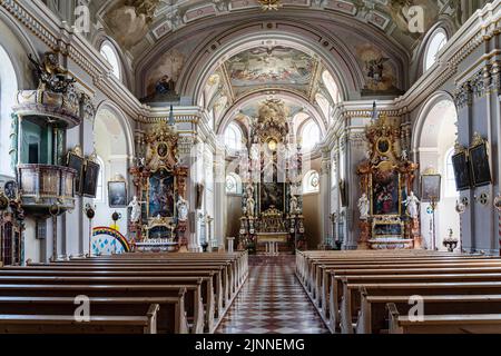 Church, St. Nicholas Parish Church, interior view, altar area, Tannheim, Tannheim Valley, Tyrol, Austria Stock Photo