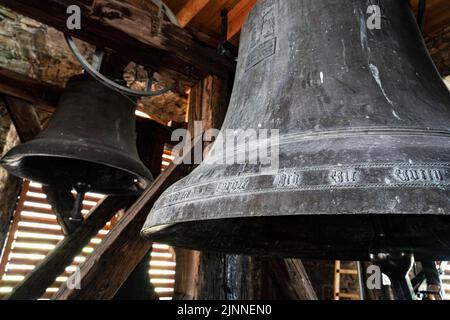 Bells, chimes, church, parish church St. Nikolaus, interior view, altar area, Tannheim, Tannheimer Tal, Tyrol, Austria Stock Photo