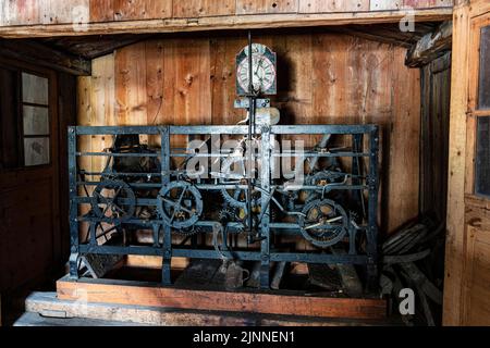 Mechanics of the sounding mechanism, church, parish church St. Nikolaus, interior view, altar area, Tannheim, Tannheimer Tal, Tyrol, Austria Stock Photo