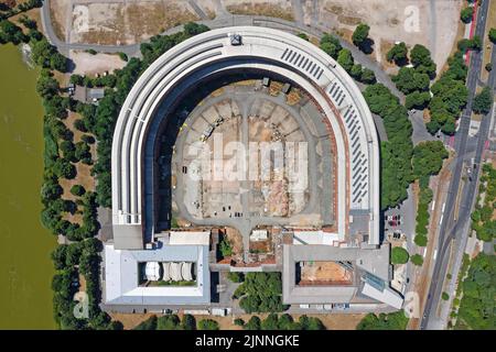 Aerial view of unfinished Congress Hall of the NSDAP in the Third Reich, bottom left Serenade Court and Concert Hall of the Nuremberg Symphony Stock Photo