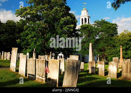 Historic graves and tombstones' are planted in the graveyard and cemetery of the Church on the Hill, in Lenox Massachusetts, New England Stock Photo