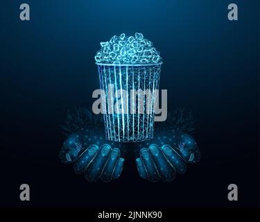 Two human hands are holds pop corn. Wireframe glowing low poly pop corn. Design on dark blue background. Abstract futuristic vector illustration. Stock Vector