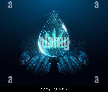Two human hands are holds cannabis oil. Low poly hemp in oil drop. Wireframe glowing low poly  marijuana leaf. Design on dark blue background. Abstrac Stock Vector