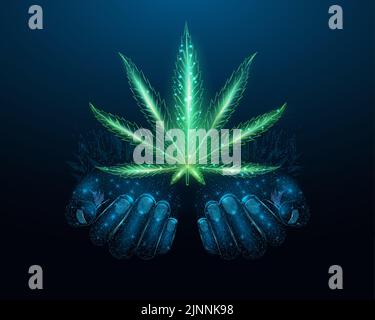 Two human hands are holds cannabis leaf. Low poly hemp. Wireframe glowing low poly  marijuana leaf. Design on dark blue background. Abstract futuristi Stock Vector