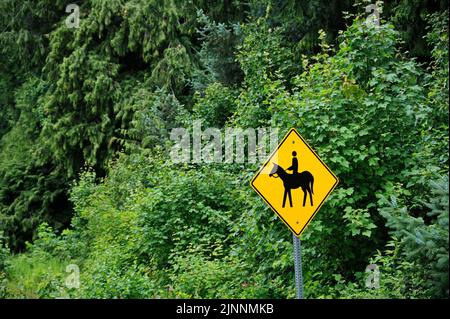 Yellow caution horse riding sign on the road in Canada Stock Photo