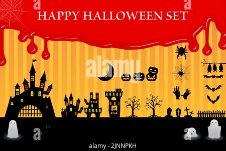 Halloween stock set, castle and cemetery, bats and ghosts, with blood glue background Stock Vector