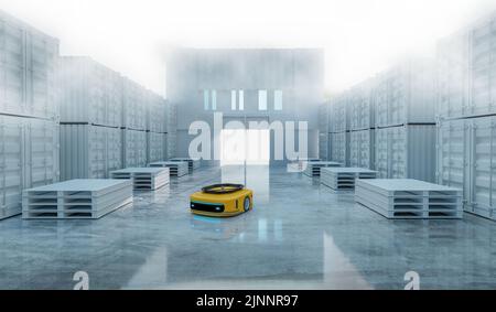AGV machine in white warehouse, logistic and product stock warehouse, robotic machine working, 3d illustration rendering Stock Photo