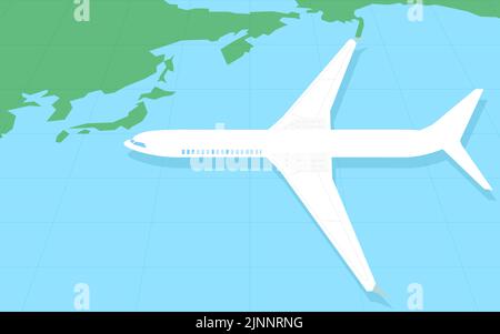 A simple map of the world around Japan and an overhead view of a model airplane Stock Vector