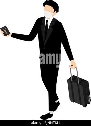 Businessman on a business trip abroad, isometric, pulling a suitcase with his passport - Translation: Japanese passport Stock Vector
