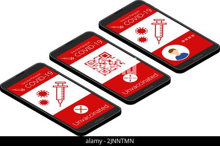 Corona vaccination proof application, Vaccine Passport screen (3 unvaccinated), Isometric Stock Vector
