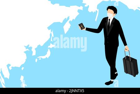 Businessman on a business trip abroad, isometric, pulling a suitcase with his passport - Translation: Japanese passport Stock Vector