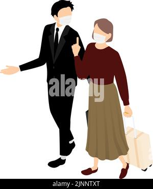 A man and a woman talking while walking and pulling a suitcase on a business trip, isometric. Stock Vector