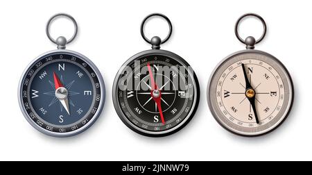 Travel compass vector set design. Compass navigation collection for tourist adventure direction tool elements. Vector Illustration. Stock Vector