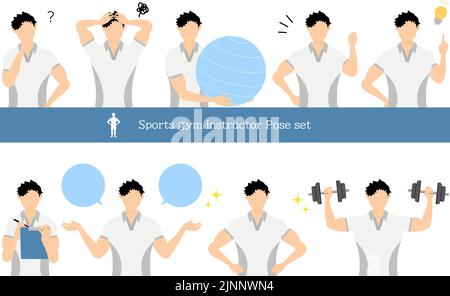 Gym instructor man pose set, questioning, worrying, encouraging, pointing, etc. Stock Vector