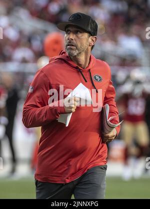 Santa Clara, USA. 13th Aug, 2022. San Francisco 49ers head coach Kyle Shanahan runs off the field at halftime against the Green Bay Packers at Levi's Stadium in Santa Clara, California on Friday, August 12, 2022. The 49ers defeated the Packers 28-21 in their first preseason game Photo by Terry Schmitt/UPI Credit: UPI/Alamy Live News Stock Photo