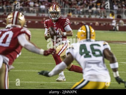 Santa Clara, USA. 13th Aug, 2022. San Francisco 49ers quarterback Brock Purdy (14) looks aor a receiver in the fourth quarter against the Green Bay Packers at Levi's Stadium in Santa Clara, California on Friday, August 12, 2022. The 49ers defeated the Packers 28-21 in their first preseason game Photo by Terry Schmitt/UPI Credit: UPI/Alamy Live News Stock Photo