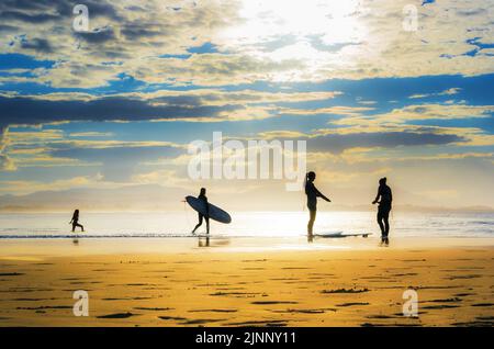 Silhouette of surfers on a beach Stock Photo