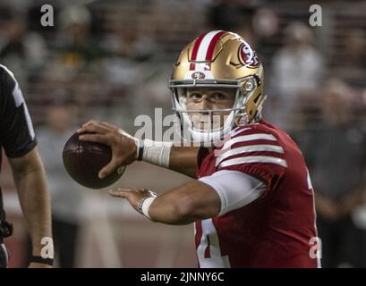 Santa Clara, USA. 13th Aug, 2022. San Francisco 49ers quarterback Brock Purdy (14) looks aor a receiver in the fourth quarter against the Green Bay Packers at Levi's Stadium in Santa Clara, California on Friday, August 12, 2022. The 49ers defeated the Packers 28-21 in their first preseason game Photo by Terry Schmitt/UPI Credit: UPI/Alamy Live News Stock Photo