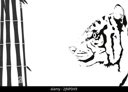 2022 Year of the Tiger Japanese New Year's card, bamboo and tiger (monochrome) Stock Vector