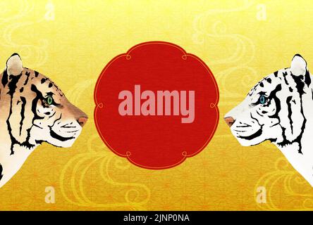 2022 Year of the Tiger Japanese New Year's card, two tigers facing each other and a white tiger Stock Vector