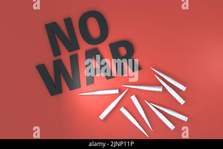 Anti-war, 'No War' 3D letters and bullets, true overhead view, 3DCG Stock Photo