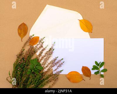 Greeting autumn card with a bouquet of heather in an envelope Stock Photo