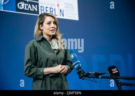 Canada's Foreign Minister, Melanie Joly, during a doorstep at the Informal Meeting of NATO Foreign Ministers in Berlin. Stock Photo
