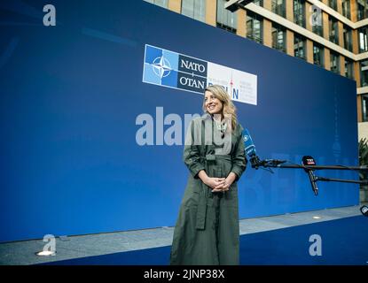 Berlin, Deutschland. 14th May, 2022. Canada's Foreign Minister, Melanie Joly, during a doorstep at the Informal Meeting of NATO Foreign Ministers in Berlin. Credit: dpa/Alamy Live News Stock Photo