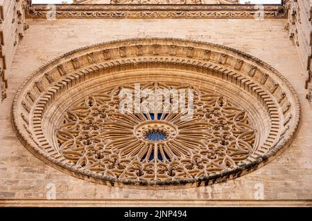 Palma de Mallorca, Spain. Detail of the Portal Mayor facade of the Gothic Cathedral of Santa Maria Stock Photo