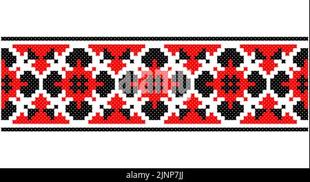 Seamless traditional Slavic ornament embroidered cross-stitch.Red black and white. Stock Vector