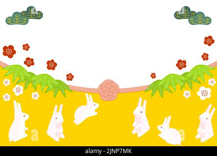 New Year's card for the year of the rabbit 2023, rabbit family, pine, bamboo, plum and mizuhiki, Japanese isometric Stock Vector