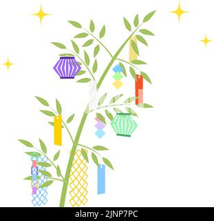 Tanabata Festival, bamboo leaves decorated with strips of paper, copy space Stock Vector