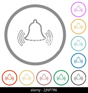 Ringing bell outline flat color icons in round outlines on white background Stock Vector