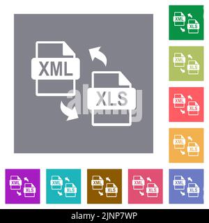 XML XLS file conversion flat icons on simple color square backgrounds Stock Vector