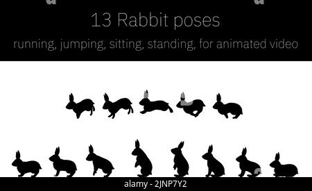 Rabbit movements for animation, running and jumping and standing up, silhouettes Stock Vector